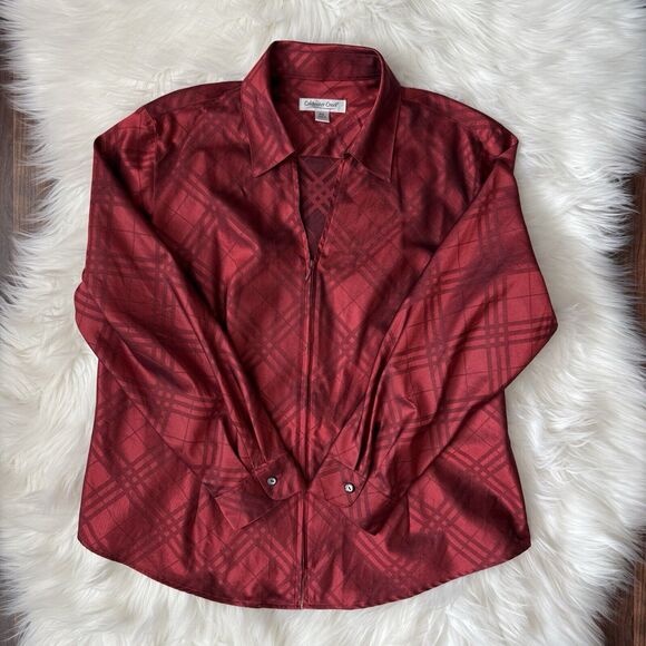 Coldwater Creek Red Zip Front Blouse PXL Plaid Collar Holiday Christmas Shiny - Picture 3 of 11